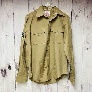 Vintage Creighton Shirt Mens 16-35 Tan Military Long Sleeve Button Marine USMC